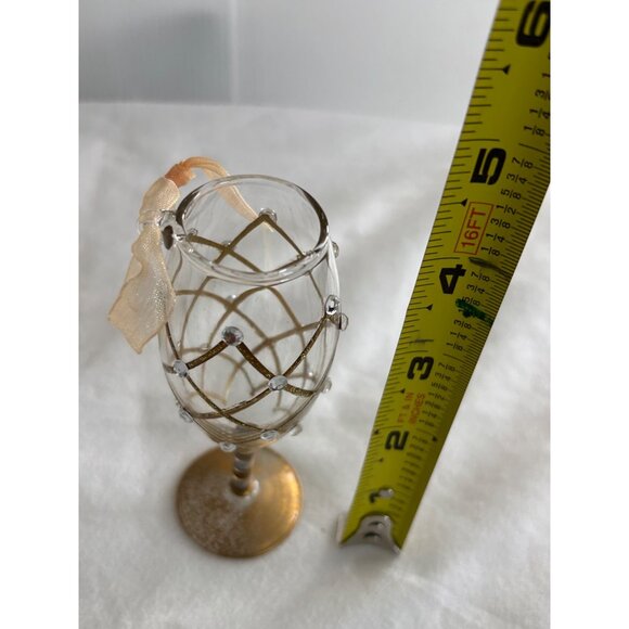 Handcrafted Glass Champagne Flute Ornament With Gold Diamond Grid & Ribbon Embel - Picture 3 of 4